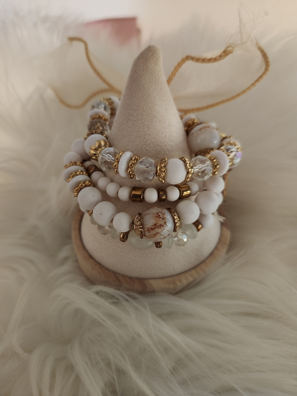 Elegant White and Gold Beaded Bracelet Stack